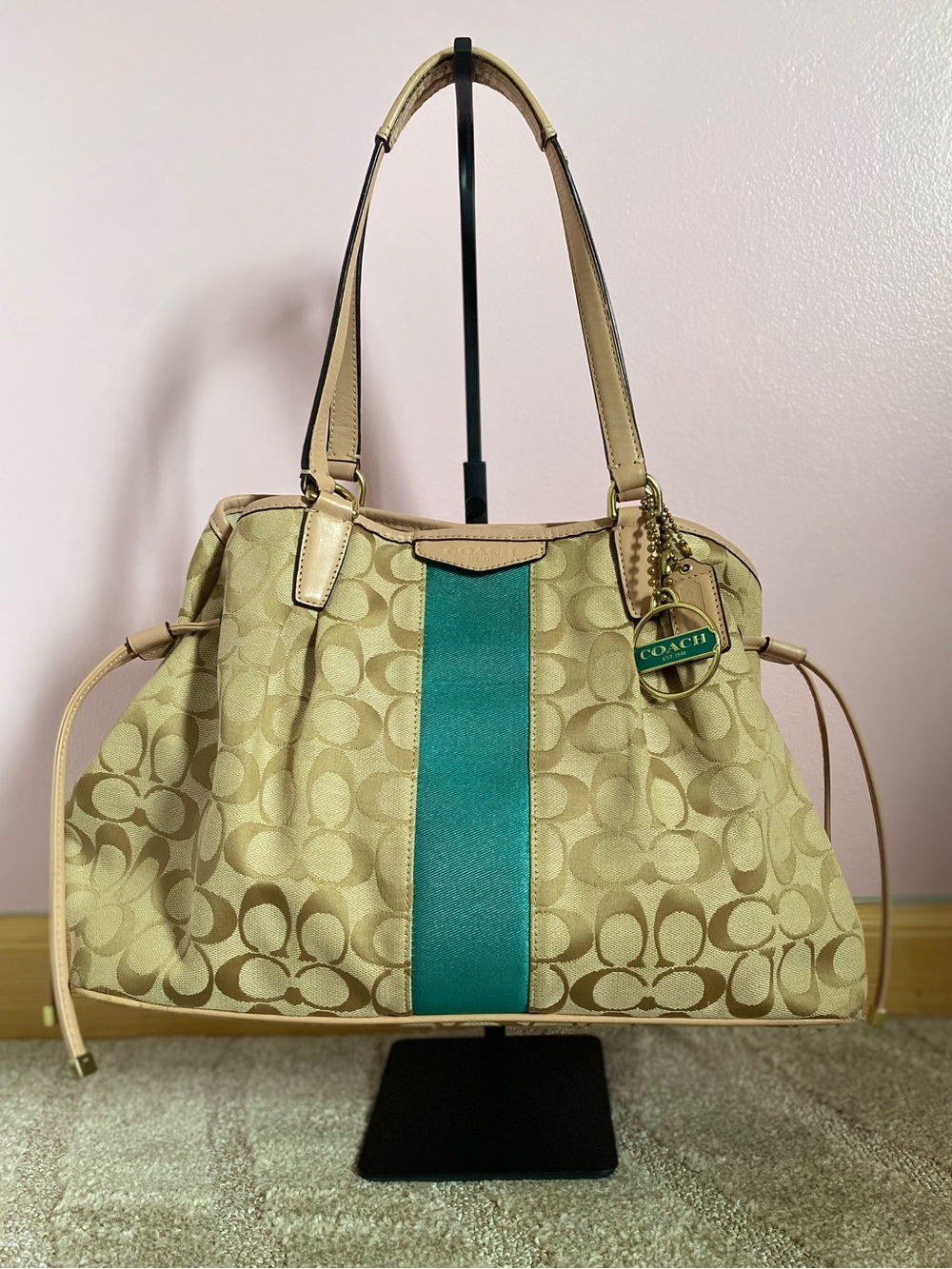 Coach F28501 Signature Stripe Carryall Satchel Khaki Tan Green Jacquard Leather